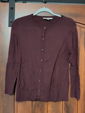 LOFT Button-Front Crewneck Cardigan in Plum
